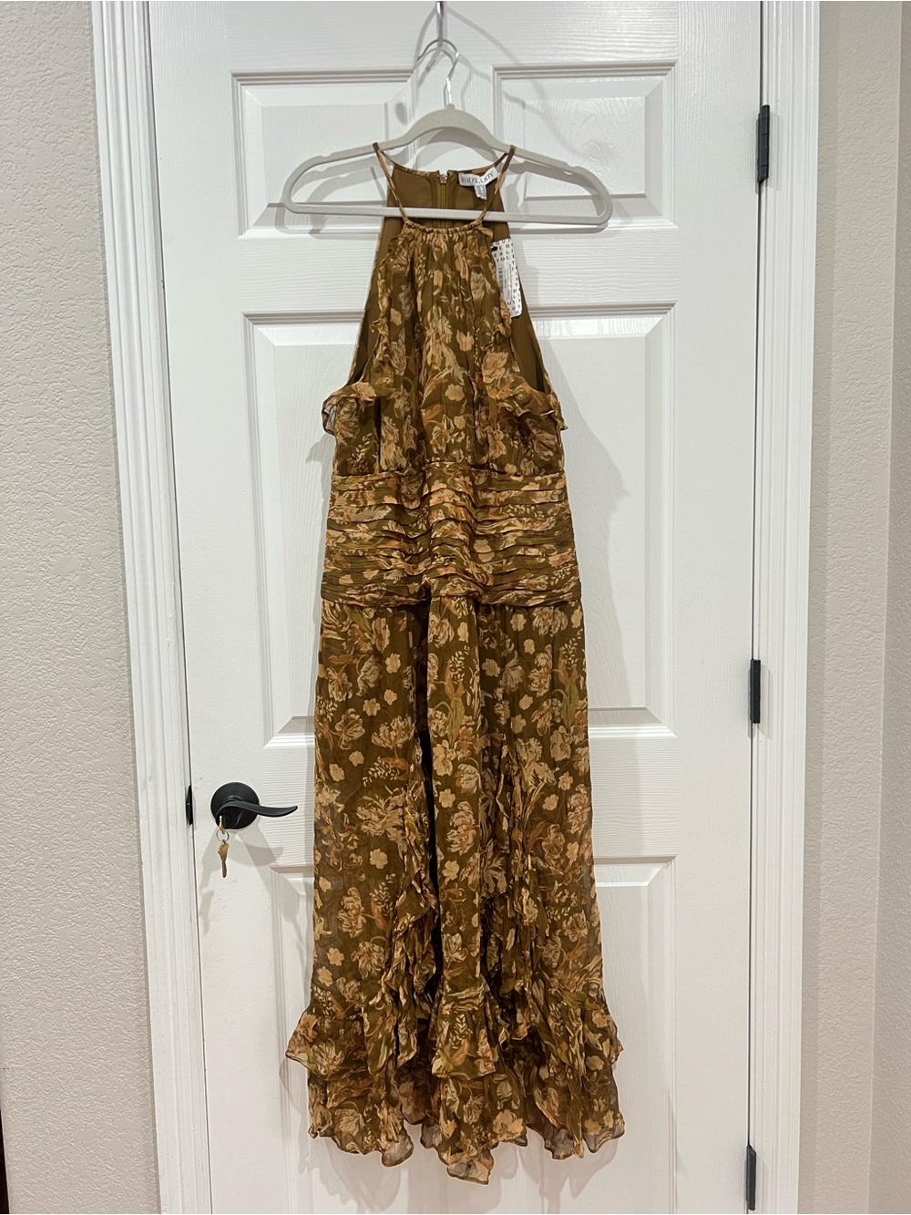 Shona Joy Rosaline Ruched Split Maxi Dress Cumin Floral Halter NWT Size 8